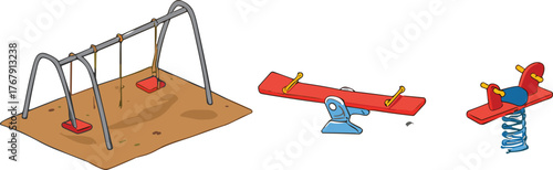 Playground equipment vector illustration, swing set, seesaw, spring rider for children, outdoor play area design, recreation and child development