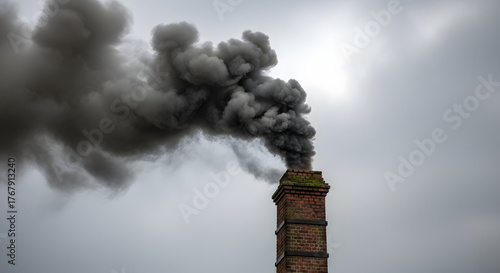 Thick black smoke billowing from an industrial brick chimney