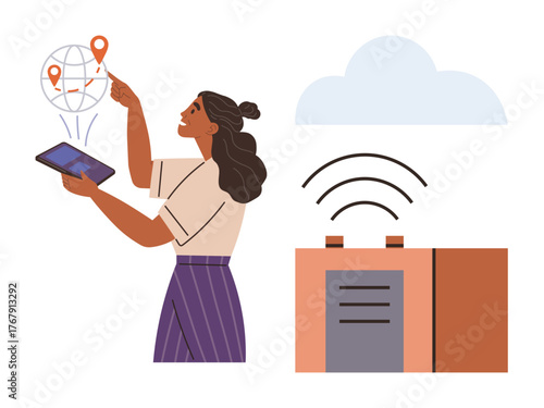 Woman interacting with tablet, geolocation map, smart home device emitting signals, and cloud. Ideal for smart technology, IoT, geolocation, digital connectivity, smart homes tech innovation simple