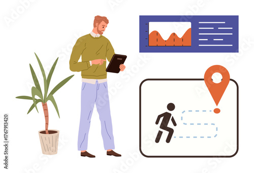 Man with tablet reviews project metrics next to data chart, progress tracker, and plant. Ideal for business analysis, productivity, project management, goal setting, planning, strategy simple flat