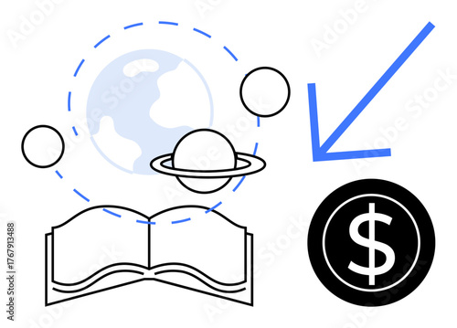 Open book with orbiting planets, Earth, and dollar circle connected by a blue arrow. Ideal for knowledge transfer, innovation, education investment, global economy, financial growth, learning