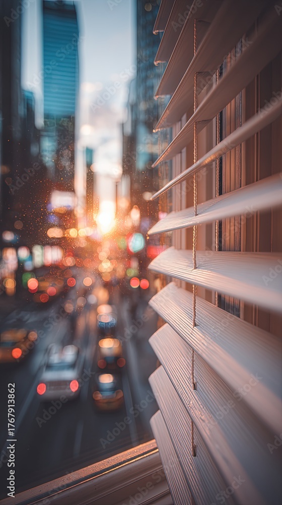 Obraz premium City Sunset View Through White Blinds