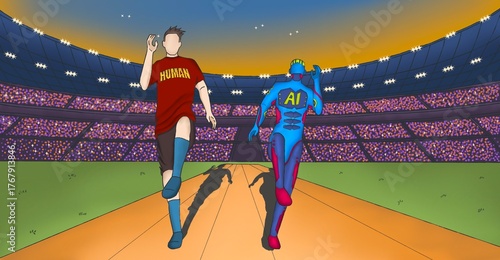 A man racing a humanoid robot