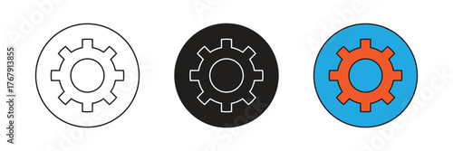 Simple settings gear icon in a circle, representing configuration, options, preferences, tools, system control, mechanical process, and optimization for interface.