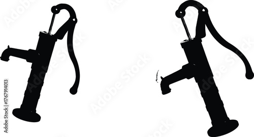 The image features two classic, hand-operated water pumps rendered as black silhouettes against a clean white background,