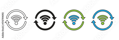 Wireless network refresh icon with a Wi-Fi signal and circular arrows, symbolizing network reconnection, signal update, broadband access, and data transmission restart.