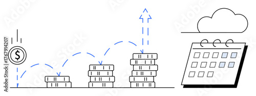 Stacked coins increasing with upward arrows and calendar represent growing income, investment returns, saving goals, and timelines. Ideal for finance, planning, growth, goals, investment money