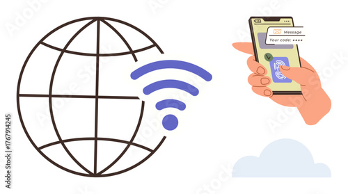 Globe with wireless signal, hand holding phone with secure passcode screen, emphasizing global communication, online security, digital authentication, user protection, technology, mobile internet