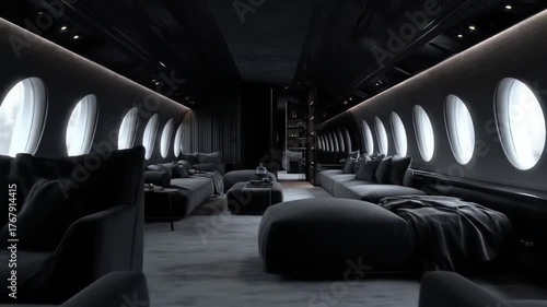 Interior view of a luxurious private jet featuring black and grey decor and seating
