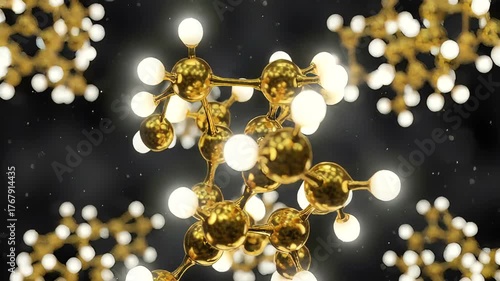 Abstract representation of glowing golden molecules in a dark background