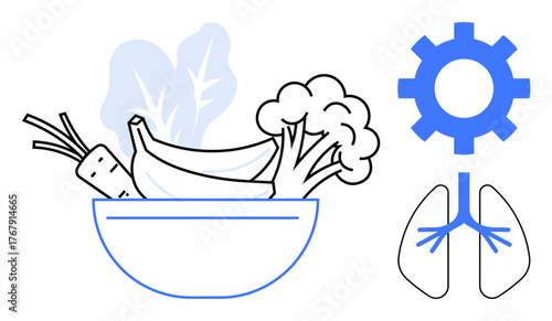 Bowl of vegetables and fruits, lungs, and gear symbolizing connection between diet and respiratory health. Ideal for health awareness, nutrition, wellness, respiratory care, science, lifestyle