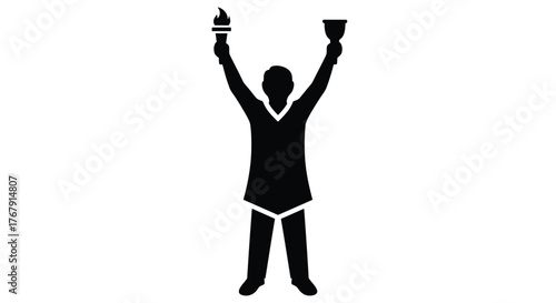 Silhouette of a person raising both arms with objects above head