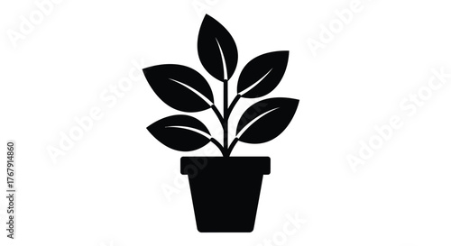 Simple black silhouette of a potted plant with five leaves