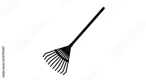 Simple black and white illustration of a garden leaf rake tool