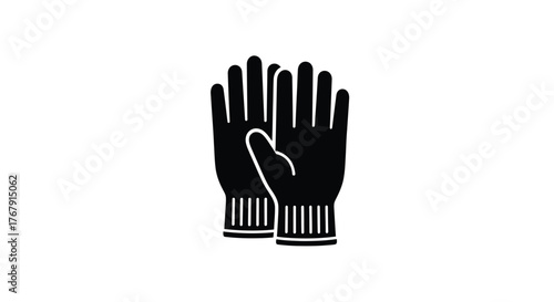 A simple black and white illustration depicting a pair of gloves