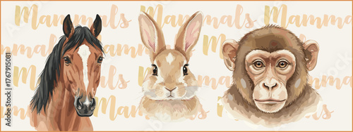 Watercolor portraits of horse, rabbit, and chimpanzee faces. Detailed fur and soft brush textures capture natural beauty and expression