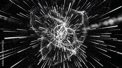 Dynamic Abstract Black and White Streaking Light Particles Bursting from a Glowing Core Futuristic Hyperspace Motion Graphics Background for Technology and Data