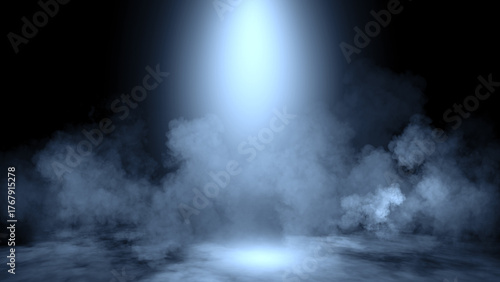 Divine blue light through a dark fog. The rays beam light on the floor. Spotlight on isolated background. Stock illustration.