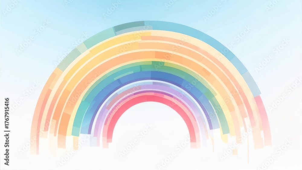 Fototapeta premium Abstract rainbow design with colorful arcs against a gradient blue sky background