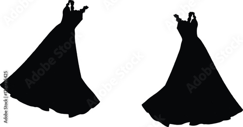 The image showcases two elegant evening gown silhouettes, both rendered in a striking solid black color.