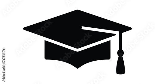 A simple black and white graphic illustration of a graduation cap