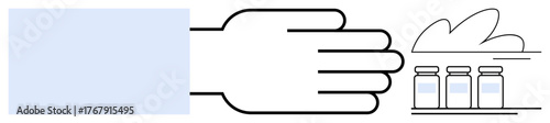 Minimalist hand extends toward bottles on a shelf with abstract cloud elements. Ideal for healthcare, pharmaceuticals, medical aid, prevention, access, innovation, treatment concepts. A simple flat