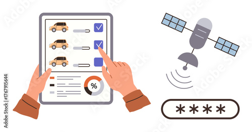 Hands interacting with tracking checklist, satellite transmitting signals, password entry field. Ideal for logistics, GPS, technology, analytics, security mobile apps automation. Simple flat