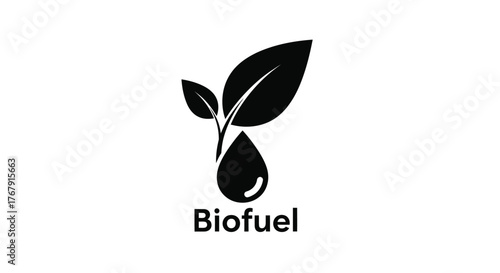 Simple black and white graphic of a leaf droplet with biofuel text