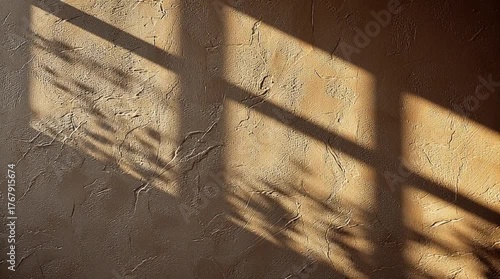 Warm sunlight falls across a textured wall, creating realistic light and soft shadows in neutral tones, perfect for an elegant, natural, and minimal background.
