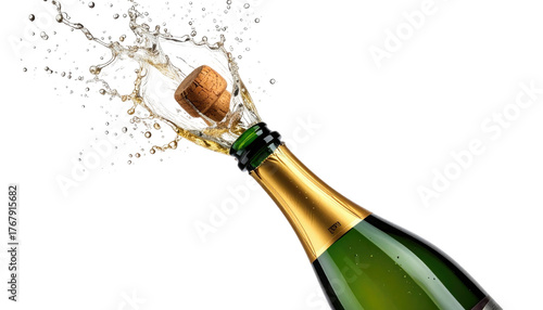 Champagne bottle with cork flying mid-air, bubbles burst against a black backdrop