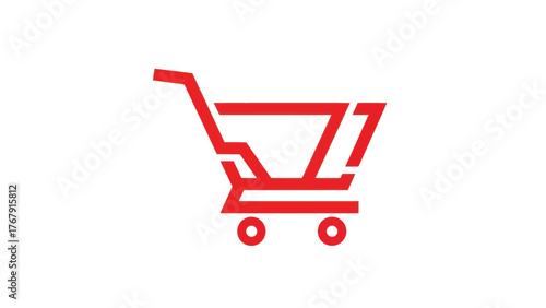 A simplified graphic, a red outline of a shopping cart icon with two wheels on a white background