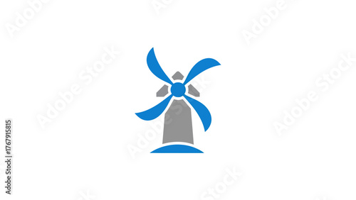A windmill illustration in shades of blue and gray, set against a pristine white backdrop