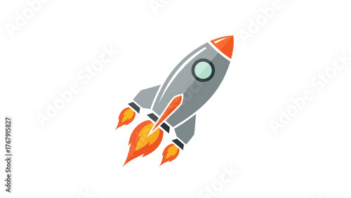 A stylized cartoon rocket ship, gray with orange accents and flames, on a white background