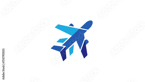 Stylized, geometric airplane design with varying shades of blue, set against a pristine white backdrop