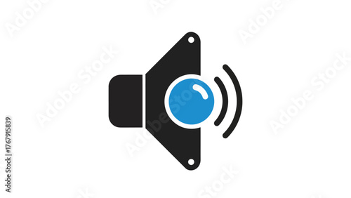 A black and blue speaker icon, radiating sound waves, set against a pristine white background