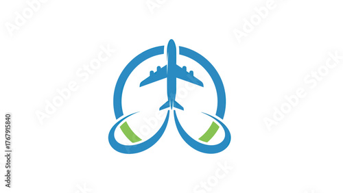 A stylized plane graphic is at the center, surrounded by curved shapes in blue and green on a white background