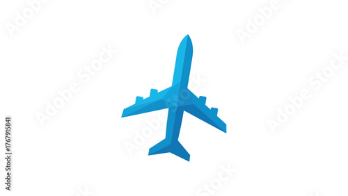 A stylized geometric illustration of an airplane in a bright, azure-blue hue, isolated on white