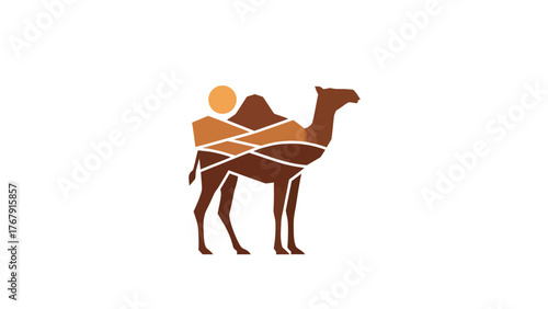 A geometric illustration of a camel with desert landscape. Sun, sand, and stylized forms are shown