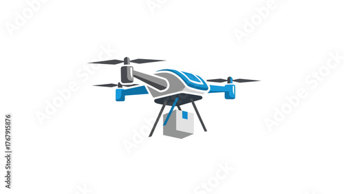 A cartoon-style illustration of a drone with four propellers carrying a box, set against a white background