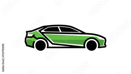 A stylized illustration of a modern car in a side view, featuring a green body and black accents