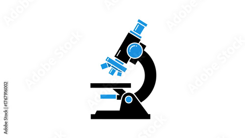 A black and blue graphic illustration of a microscope, placed on a pure white backdrop