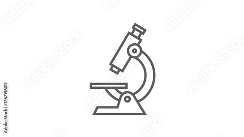 A grayscale icon of a microscope, depicted in a simple line drawing style, placed against a white backdrop