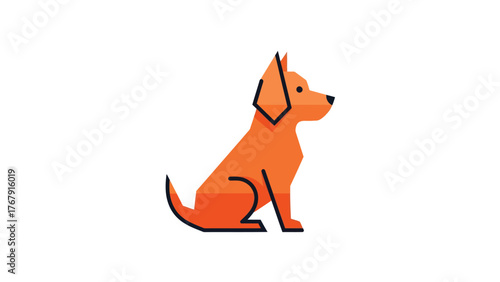 A geometric illustration of an orange dog, sitting and facing right, against a white backdrop