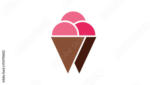 A geometric ice cream cone with three scoops of different shades of pink, all on a white background