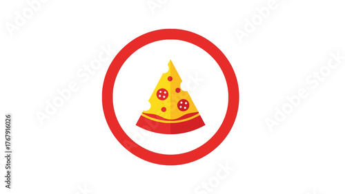 A pizza slice with pepperoni and holes inside a red circle on a white background