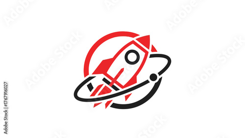 A stylized rocket design featuring red and black elements inside a circle and orbit lines