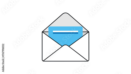 A geometric illustration of an open envelope. It features a card, with light blue and a white stripe, inside