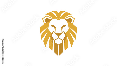 Geometric lion head in gold and white. Its face and mane are created with sharp, angled lines