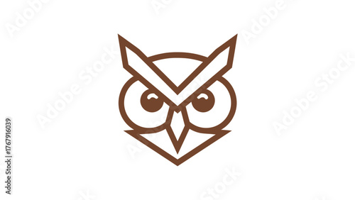 A geometric graphic of an owl's face in shades of brown against a white background