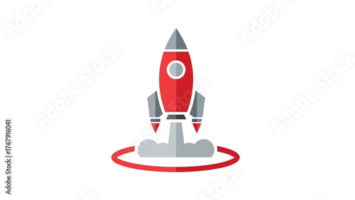 A simple, cartoon illustration of a red rocket taking off, with smoke and a red launch ring